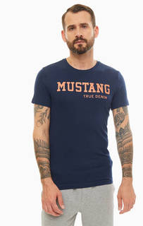 Футболка Синяя футболка из хлопка с логотипом бренда Mustang