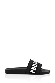 Черные шлепанцы с белым логотипом Philipp Plein