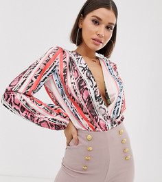 Атласное боди со стрингами, запахом спереди и разноцветным звериным принтом Flounce London - Мульти