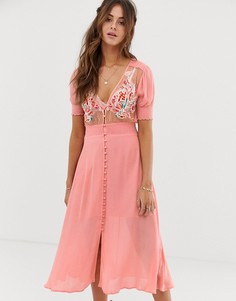 Платье миди на пуговицах с вышивкой Cleobella Adley - Розовый