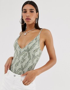 Зеленое боди с глубоким V-образным вырезом и цветочным принтом Na-kd - Зеленый