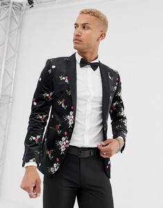 Узкий бархатный пиджак с цветочной вышивкой Tux Till Dawn - Черный