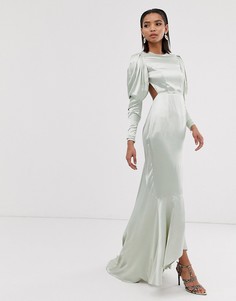 Атласное платье макси со шлейфом и пышными рукавами ASOS EDITION - Зеленый