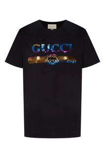 Черная футболка свободного кроя с принтом на груди Gucci