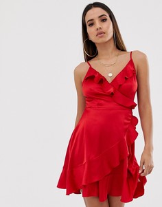 Атласное платье с запахом и оборкой Club L London - Красный