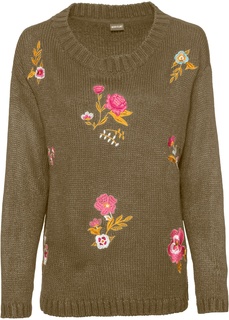 Пуловеры с круглым вырезом Пуловер с цветочной вышивкой Bonprix