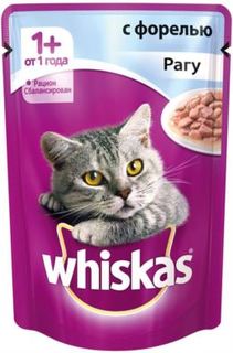 Влажный корм и консервы для кошек Корм для кошек Whiskas для кошек от 1 года, рагу с форелью, 85г