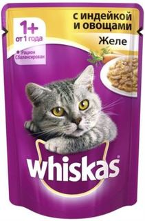 Влажный корм и консервы для кошек Корм для кошек Whiskas для кошек от 1 года, желе с индейкой и овощами, 85г