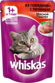 Влажный корм и консервы для кошек Корм для кошек Whiskas для кошек от 1 года, паштет с говядиной и печенью, 85г