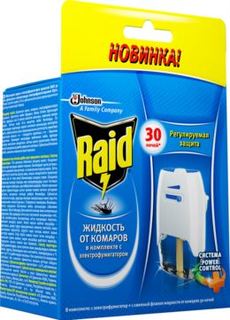Средства от насекомых Электрофумигатор Raid от комаров с регулятором интенсивности + жидкость Эвкалипт 30 ночей
