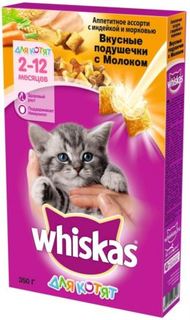 Сухой корм для кошек Корм для кошек Whiskas Вкусные подушечки, с молоком, с индейкой и морковью, 350г