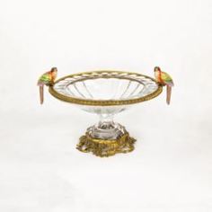 Вазы Чаша стеклянная с бронзой и фарфоровыми птичками 41х34х25см Wah luen handicraft