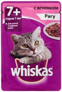 Влажный корм и консервы для кошек Корм для кошек Whiskas для кошек старше 7 лет, рагу с ягненком, 85г