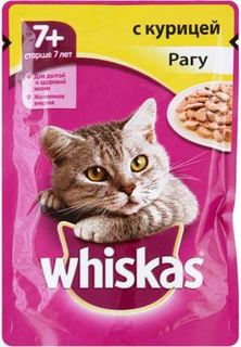 Влажный корм и консервы для кошек Корм для кошек Whiskas для кошек старше 7 лет, рагу с курицей, 85г