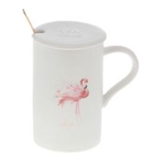 Чашки и кружки Кружка 360 мл с крышкой и ложкой Jinjiada розовый фламинго2