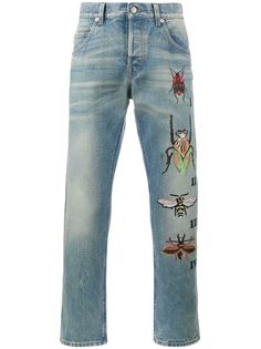 Gucci зауженные джинсы с вышивкой насекомых