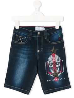 Philipp Plein Junior джинсовые шорты с принтом черепа