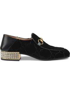 Gucci бархатные лоферы Horsebit с узором GG