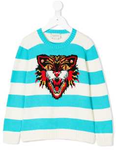 Gucci Kids полосатый свитер Angry Cat вязки интарсия
