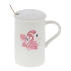Чашки и кружки Кружка с крышкой и ложкой розовый фламинго3 360мл Jinjiada