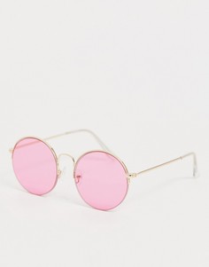 Солнцезащитные очки в золотистой полуоправе с розовыми круглыми стеклами ASOS DESIGN - Розовый