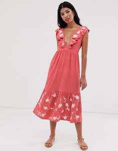 Свободное платье миди с вышивкой ASOS DESIGN - Розовый