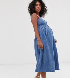 Голубое джинсовое платье миди с поясом ASOS DESIGN Maternity - Синий