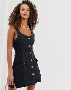 Черный джинсовый сарафан мини с пуговицами ASOS DESIGN - Синий