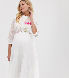 Плиссированное платье миди с вышивкой и расклешенными рукавами ASOS DESIGN Maternity - Белый