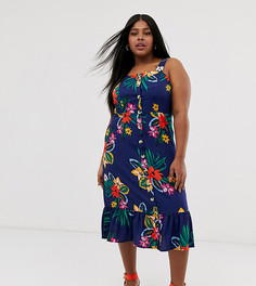 Платье миди на пуговицах с тропическим цветочным принтом Influence Plus - Синий