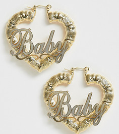 Массивные позолоченные серьги-кольца в виде сердец с эффектом бамбука и надписью baby Image Gang - Золотой
