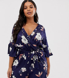 Ромпер с запахом, цветочным принтом и решетчатой отделкой Influence Plus - Синий