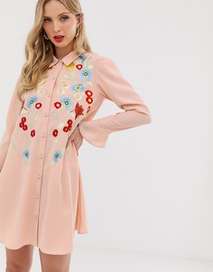 Свободное платье-рубашка мини с вышивкой ASOS DESIGN - Розовый