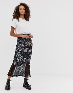 Атласная юбка миди без застежек с цветочным принтом и кружевом ASOS DESIGN - Мульти
