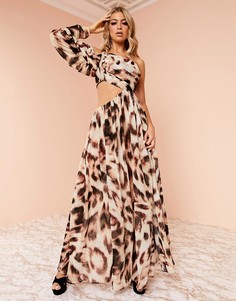 Платье макси с леопардовым принтом, драпированными рукавами и разрезом ASOS DESIGN Luxe - Мульти