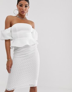 Платье миди с пышными рукавами и кружевной юбкой ASOS DESIGN - Белый
