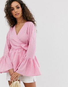 Розовый хлопковый топ с запахом в клетку с рукавами клеш ASOS DESIGN - Мульти
