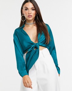 Рубашка с глубоким вырезом, завязкой и длинными рукавами ASOS DESIGN - Синий