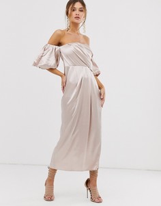 Атласное драпированное платье миди с открытыми плечами ASOS EDITION - Кремовый