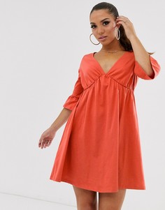 Свободное платье с V-образным вырезом и оборками на рукавах ASOS DESIGN - Оранжевый