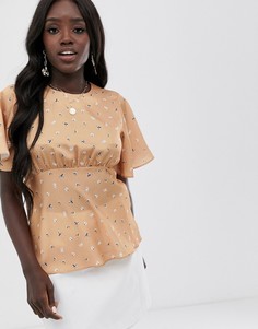 Атласный топ с рукавами клеш и цветочным принтом ASOS DESIGN - Мульти
