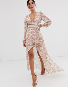 Платье миди с кружевной отделкой и звериным принтом ASOS DESIGN - Розовый