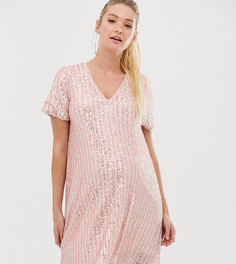 Платье-футболка с полосками и пайетками розового и серебристого цвета TFNC Maternity - Мульти