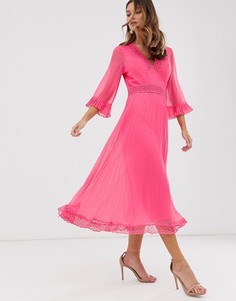 Плиссированное платье миди с кружевными вставками ASOS DESIGN - Розовый