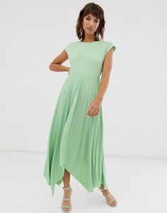 Платье миди с V-образным вырезом на спине и асимметричной плиссированной юбкой ASOS DESIGN - Зеленый