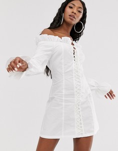 Хлопковое структурированное платье мини на шнуровке Public Desire - Белый