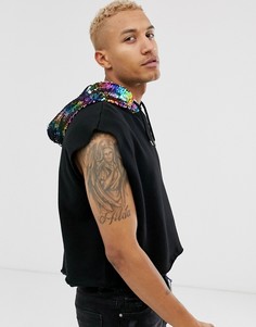 Короткий худи без рукавов с пайетками на капюшоне ASOS DESIGN Festival - Черный