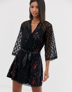 Черный кружевной халат с запахом Pour Moi - Розовый