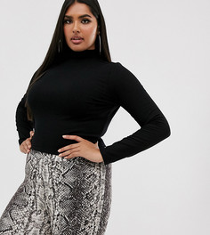 Черный кроп-топ в рубчик, с длинными рукавами и высоким воротом ASOS DESIGN Curve - Черный