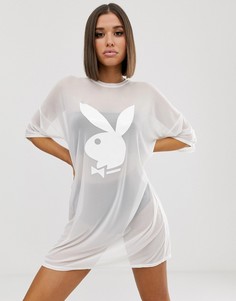 Сетчатое платье-футболка с логотипом Playboy Missguided - Белый